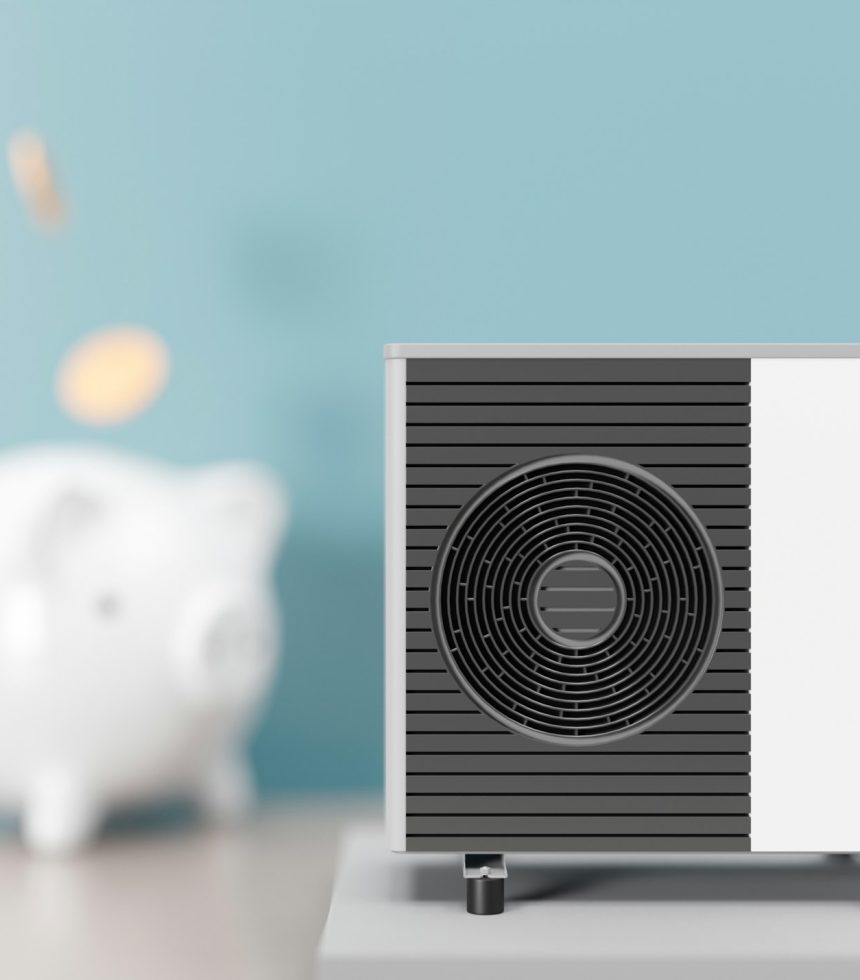 Air heat pump and piggy bank on blue background. Modern, environmentally friendly heating.